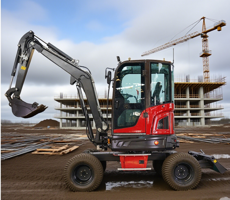Rhinoceros XN35 4-ton wheel mini excavator working at an urban landscaping site