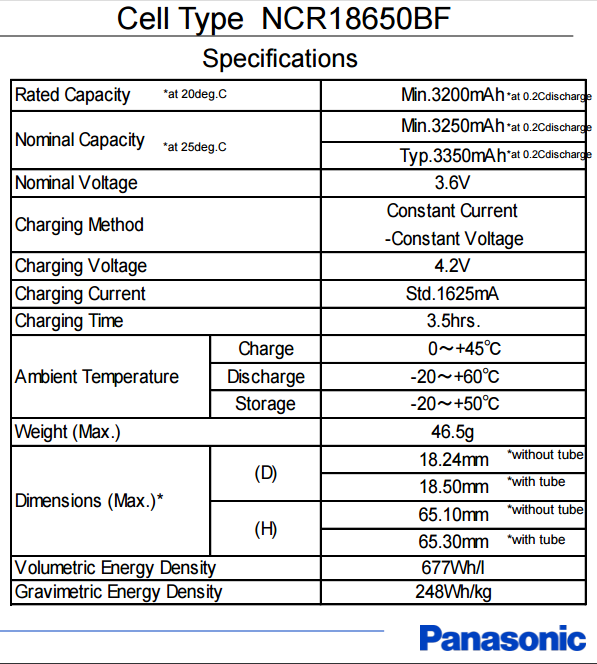 Panasonic Battery NCR18650B 3350mAh