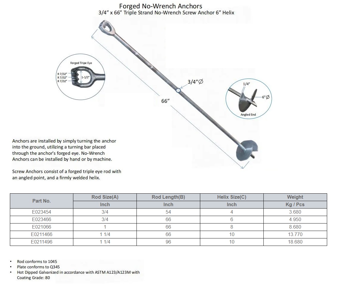 Forged No Wrench Anchors 3/4''x 66 '' Triple Stand No Wrench Screw Anchor 6'' Helix Forged No Wrench Anchors 3/4''x 66 '' Triple Stand No Wrench Screw Anchor 6'' Helix