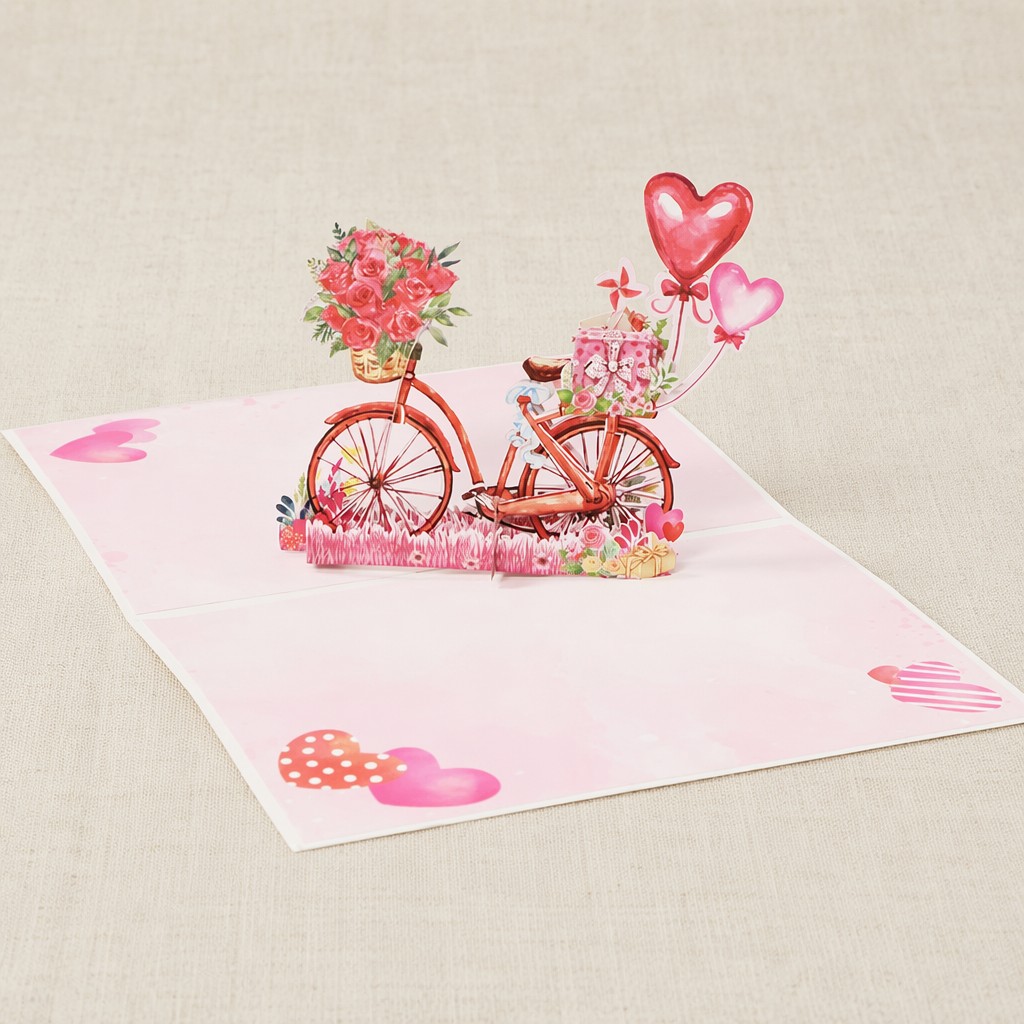 Valentine pink bicycle pop up card Valentine pink bicycle pop up card