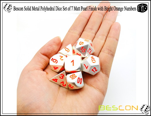 Bescon Solid Metall Polyhedral Würfel Set von 7 Matt Pearl Finish mit Bright Orange Numbers-6 Bescon Solid Metal Polyhedral Dice Set of 7 Matt Pearl Finish with Bright Orange Numbers-6