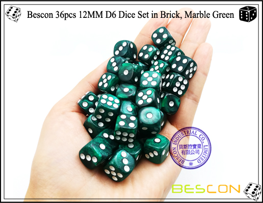 Juego de dados Bescon 36pcs 12MM D6 en ladrillo, Marble Green-4 Bescon 36pcs 12MM D6 Dice Set in Brick, Marble Green-4