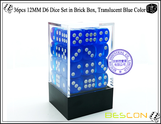 36pcs 12MM D6 Dice Set dans Brick Box, Translucent Blue Color-1 36pcs 12MM D6 Dice Set in Brick Box, Translucent Blue Color-1