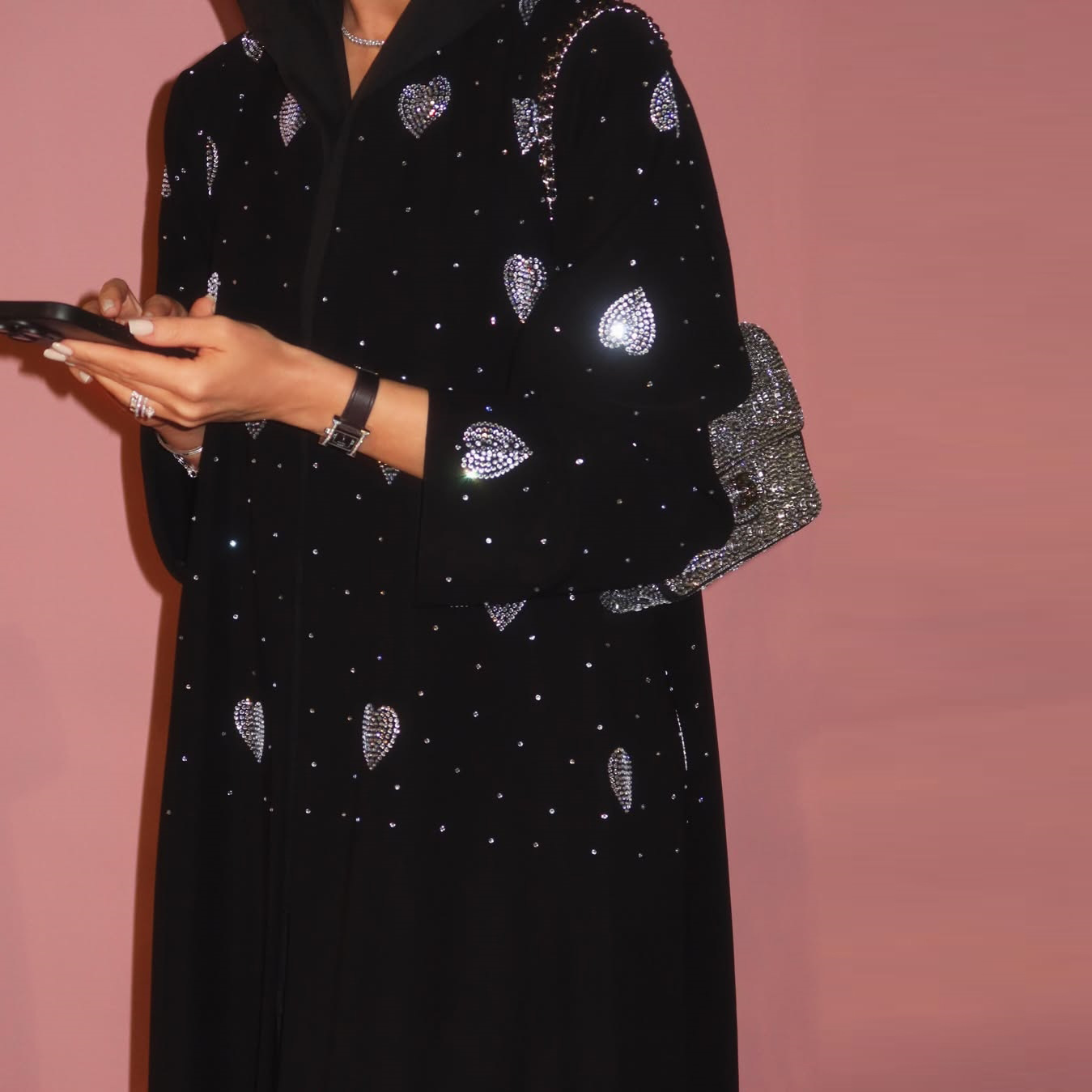Crystal Heart Crepe Open Abaya Occasion Style Crystal Heart Crepe Open Abaya Occasion Style