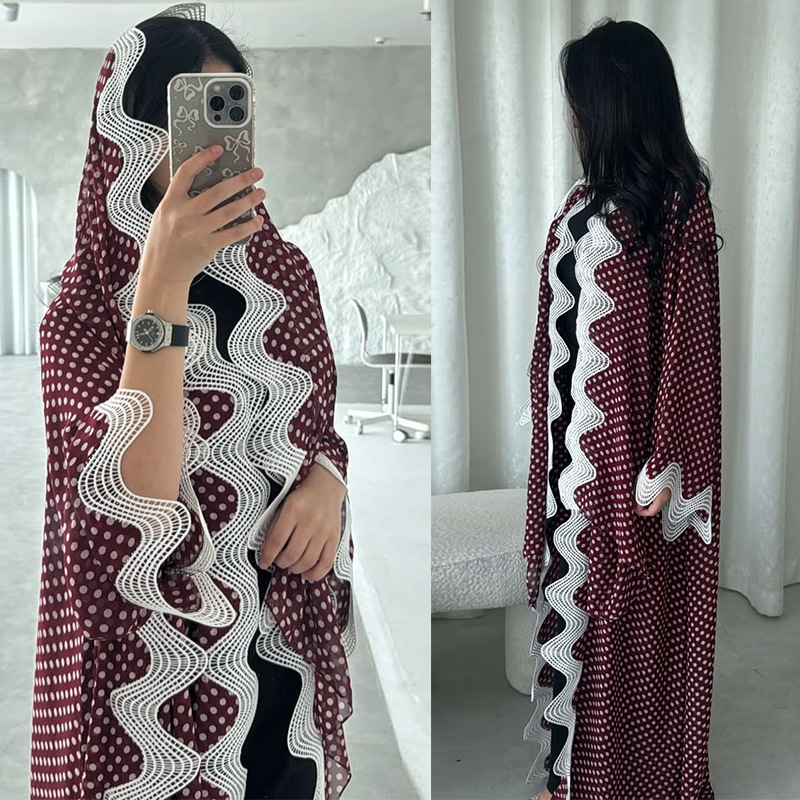 Polka Dot Chiffon Abaya Wave Lace Detail Polka Dot Chiffon Abaya Wave Lace Detail