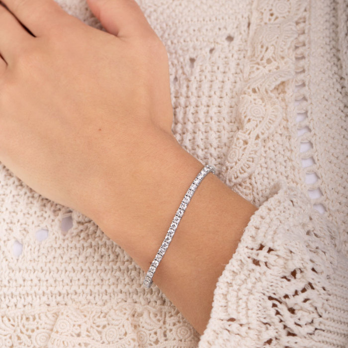 3mm round lab-grown diamond tennis bracelet shown at wrist scale