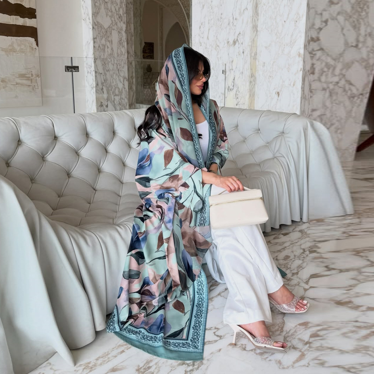 Printed Open Abaya With Headscarf Detail Printed Open Abaya With Headscarf Detail