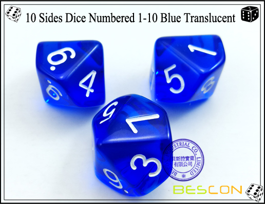 10 боковых кубиков, пронумерованных 1-10 синих полупрозрачных-3 10 Sides Dice Numbered 1-10 Blue Translucent-3