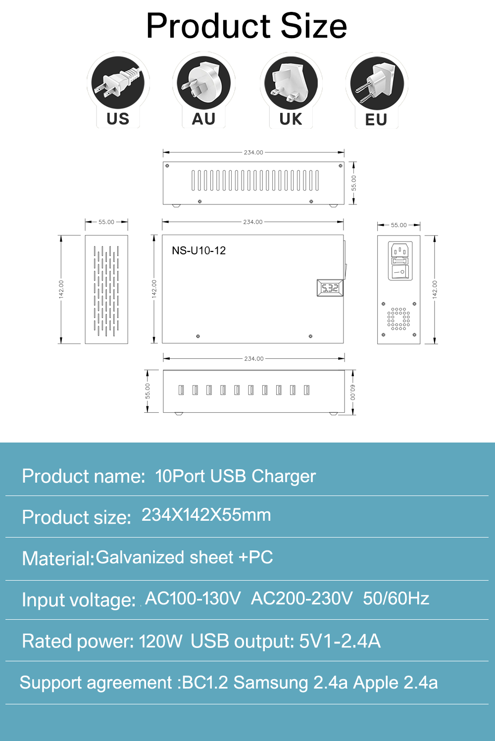 Description of the dimensions of the 10-port USB charging station Description of the dimensions of the 10-port USB charging station