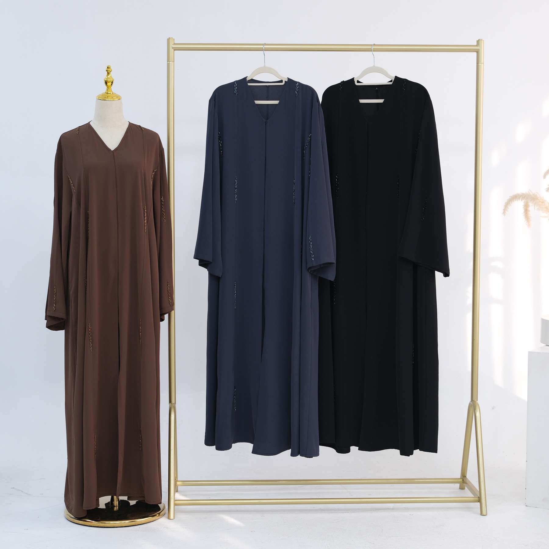 Rhinestone Open Abaya Dress Detail Rhinestone Open Abaya Dress with Button Front Design