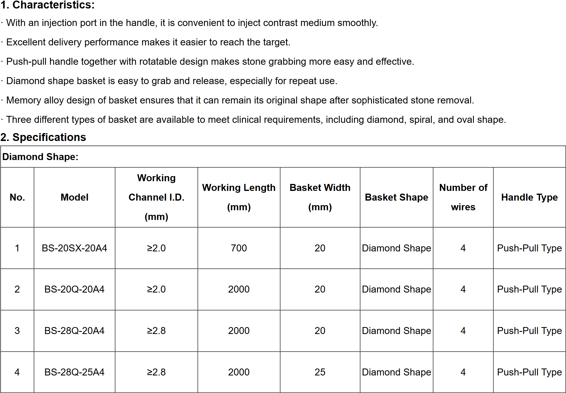 Disposable Endoscopic Stone Retrieval Basket-Specifications1 Disposable Endoscopic Stone Retrieval Basket-Specifications1