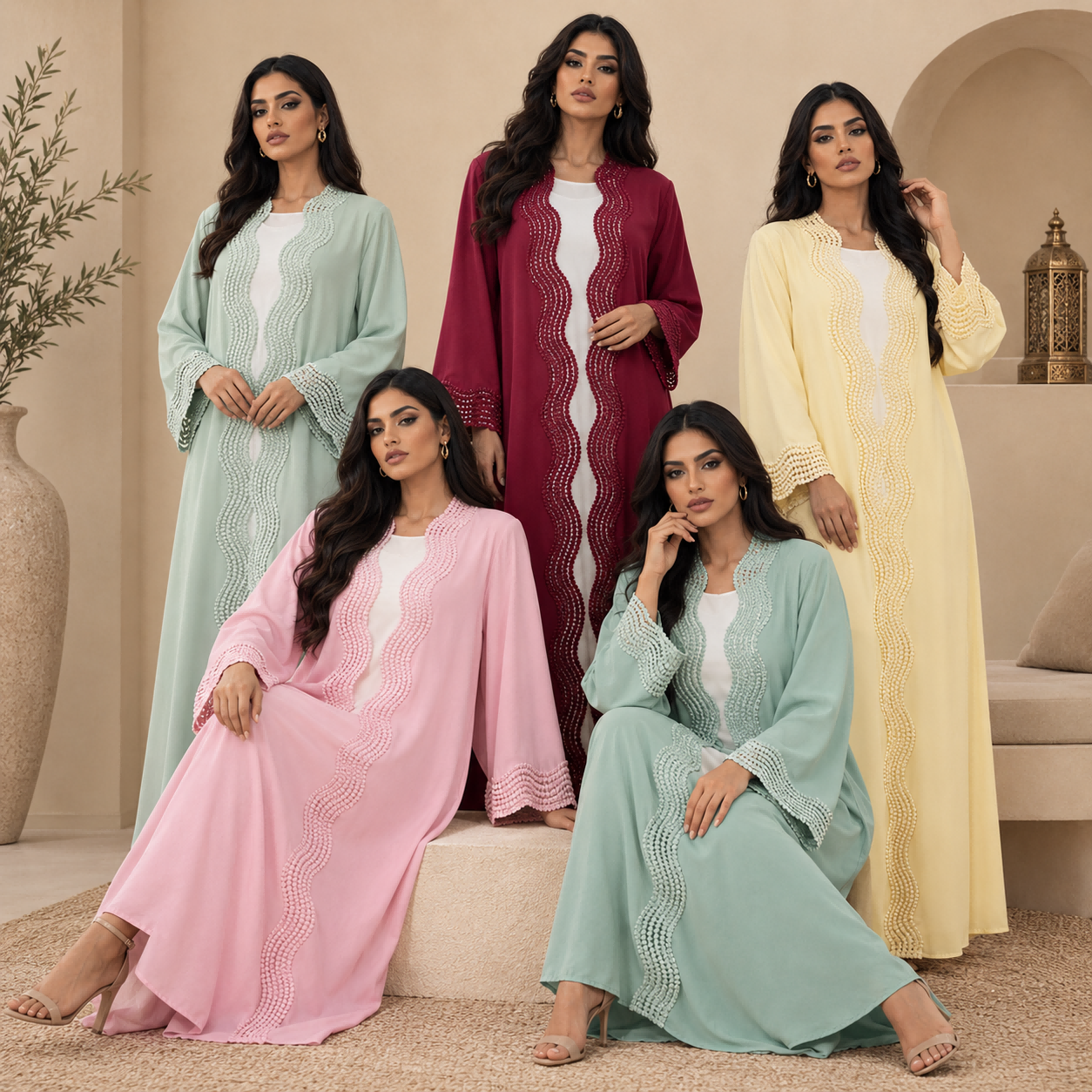 Elegant Crochet Trim Open Abaya (1) Elegant Crochet Trim Open Abaya
