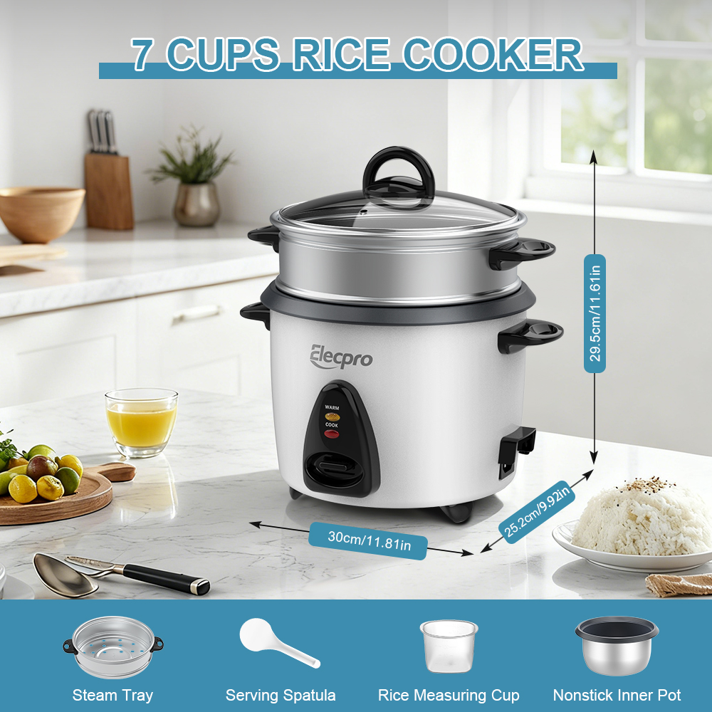 7-Cup Drum Rice Cooker with Aluminum Steaming Tray(7) 7-Cup Drum Rice Cooker with Aluminum Steaming Tray(7)