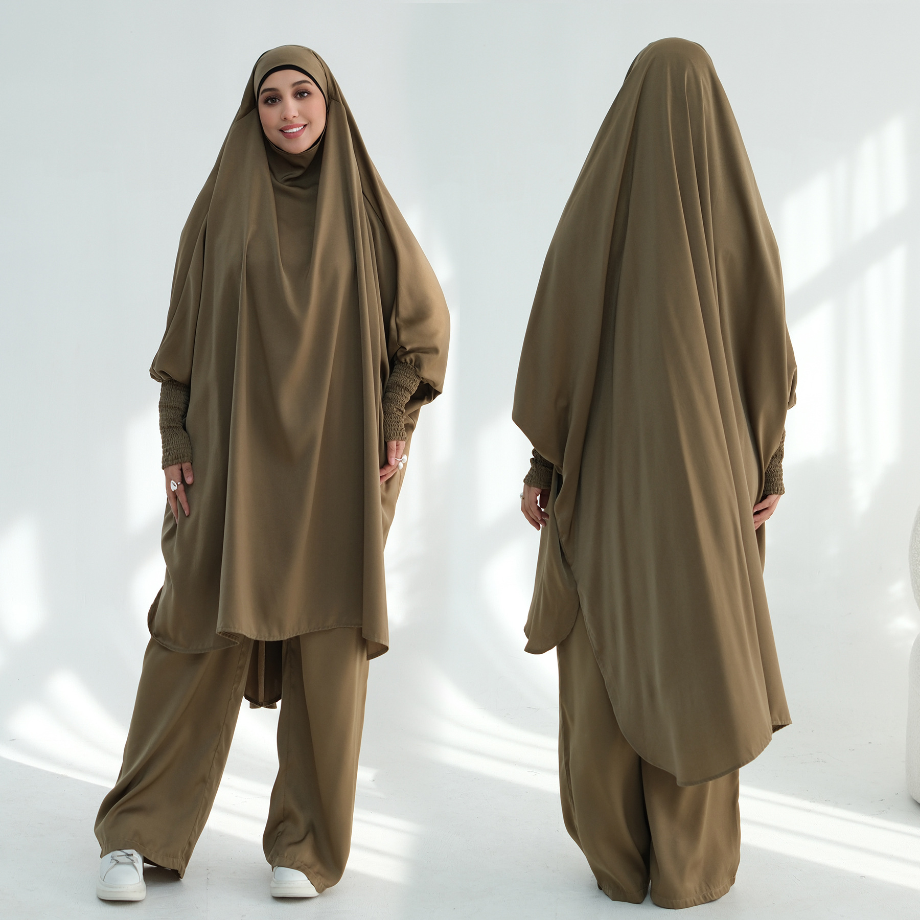 Velvet Satin Prayer Abaya Wide Leg Pants Detail Velvet Satin Prayer Abaya Wide Leg Pants Detail