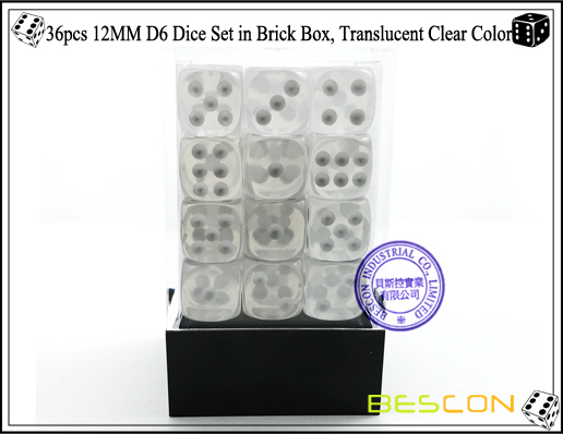 36pcs 12MM D6 Dice Set in Brick Box, Translucent Clear Color-2 36pcs 12MM D6 Dice Set in Brick Box, Translucent Clear Color-2