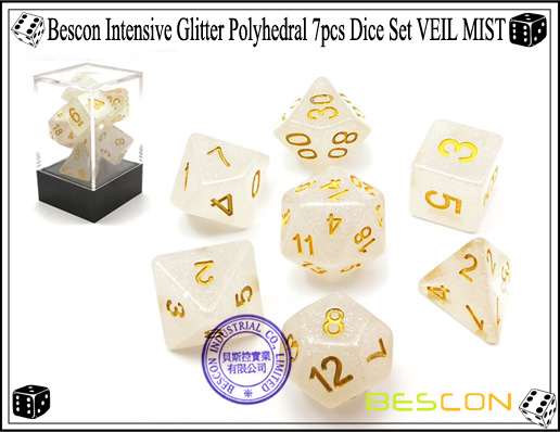 Bescon Intensive Glitter Polyhedral 7pcs Juego de dados VEIL MIST-6 Bescon Intensive Glitter Polyhedral 7pcs Dice Set VEIL MIST-6