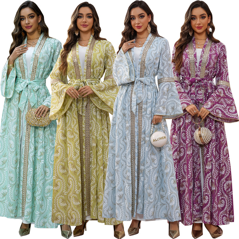 Embroidered Belted Abaya Dress Set (3) Luxury Floral Embroidered Belted Abaya Set