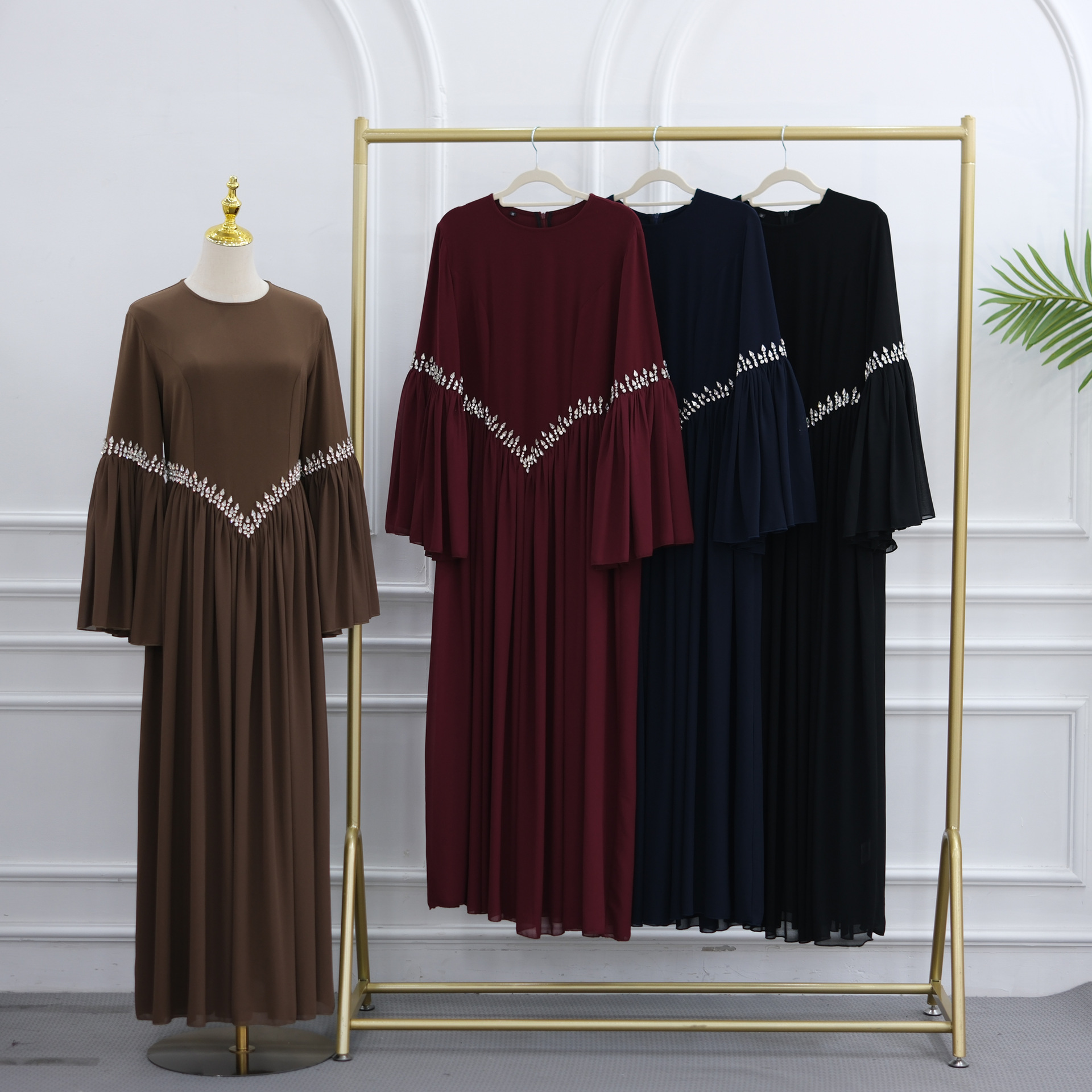 Luxury Solid Rhinestone Embellished Flare Sleeve Abaya Rhinestone Flare Sleeve Abaya Dress for Women