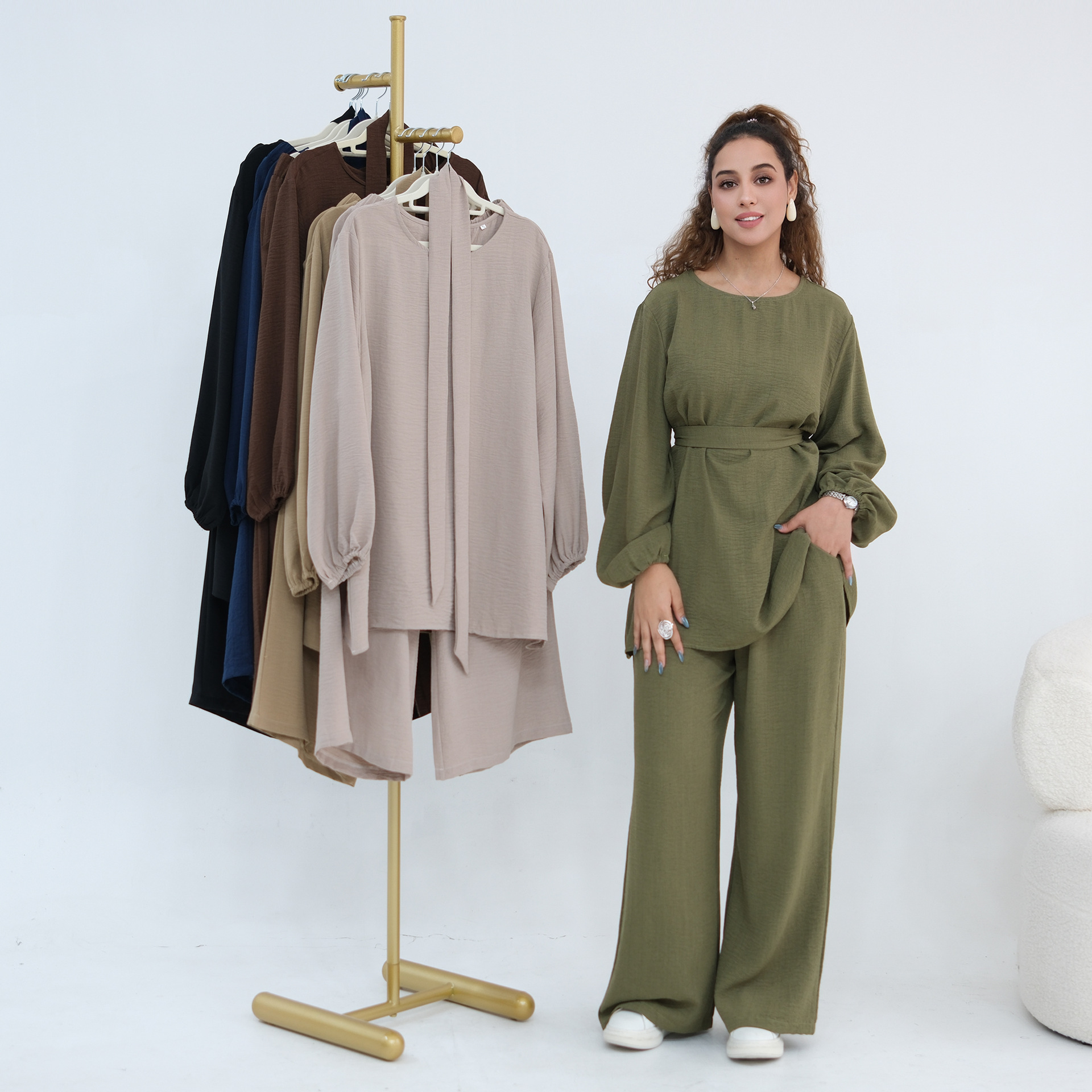 Linen Two Piece Abaya Set Casual Wear Detail Linen Two Piece Abaya Set Casual Wear Detail