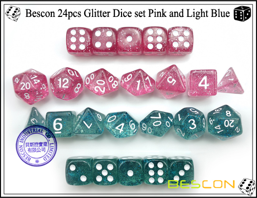 Bescon 24pcs Glitter Dice set Pink and Light Blue-6 Bescon 24pcs Glitter Dice set Pink and Light Blue-6