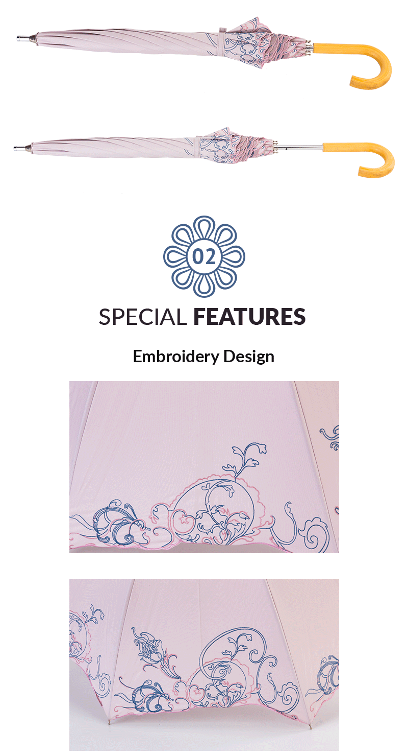 ピンク刺繍女性SストレートパラソルOem Pink Embroidery Women S Straight Parasol Oem