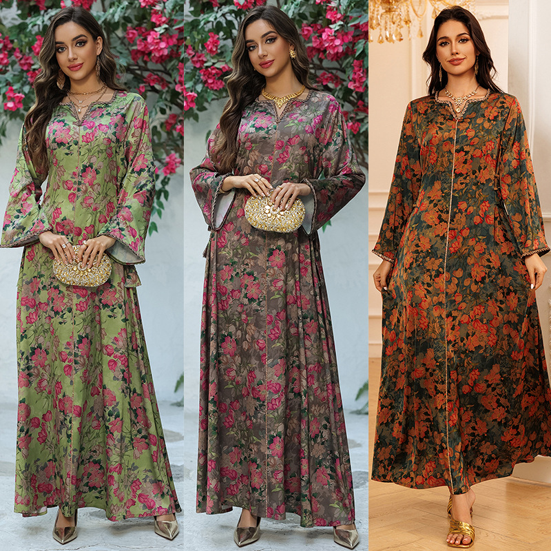 Floral Rhinestone Soft Maxi Dress (3) Long Sleeve Floral Print Rhinestone Soft Maxi Dress