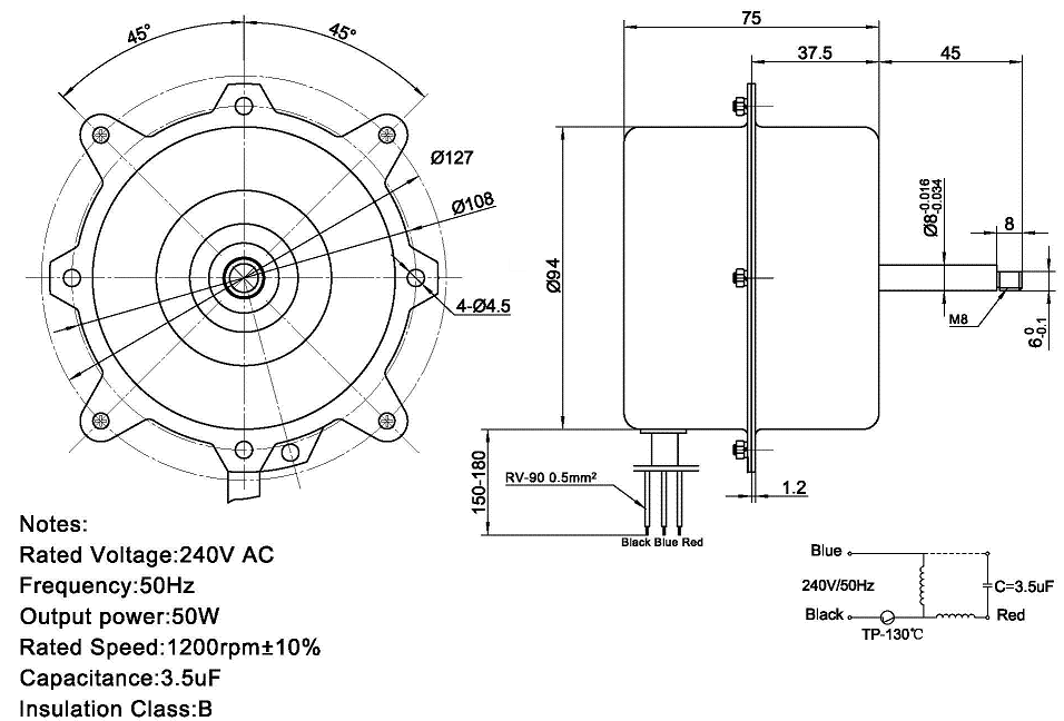 Household single phase AC motors 8W - 40W output power 94mm small ac motors