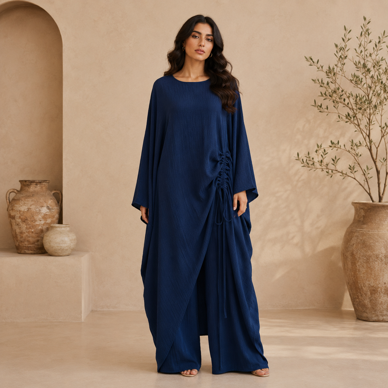 Elegant Two Tone Draped Abaya Set (6) Draped Modest Pants Outfit Set