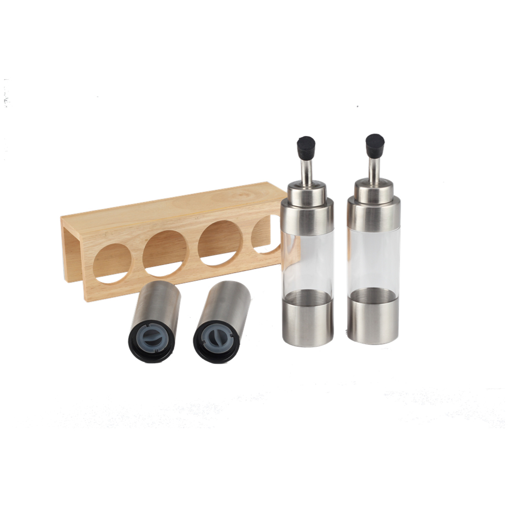 Oil And Cooking Wine Bottle Set Wooden Stand