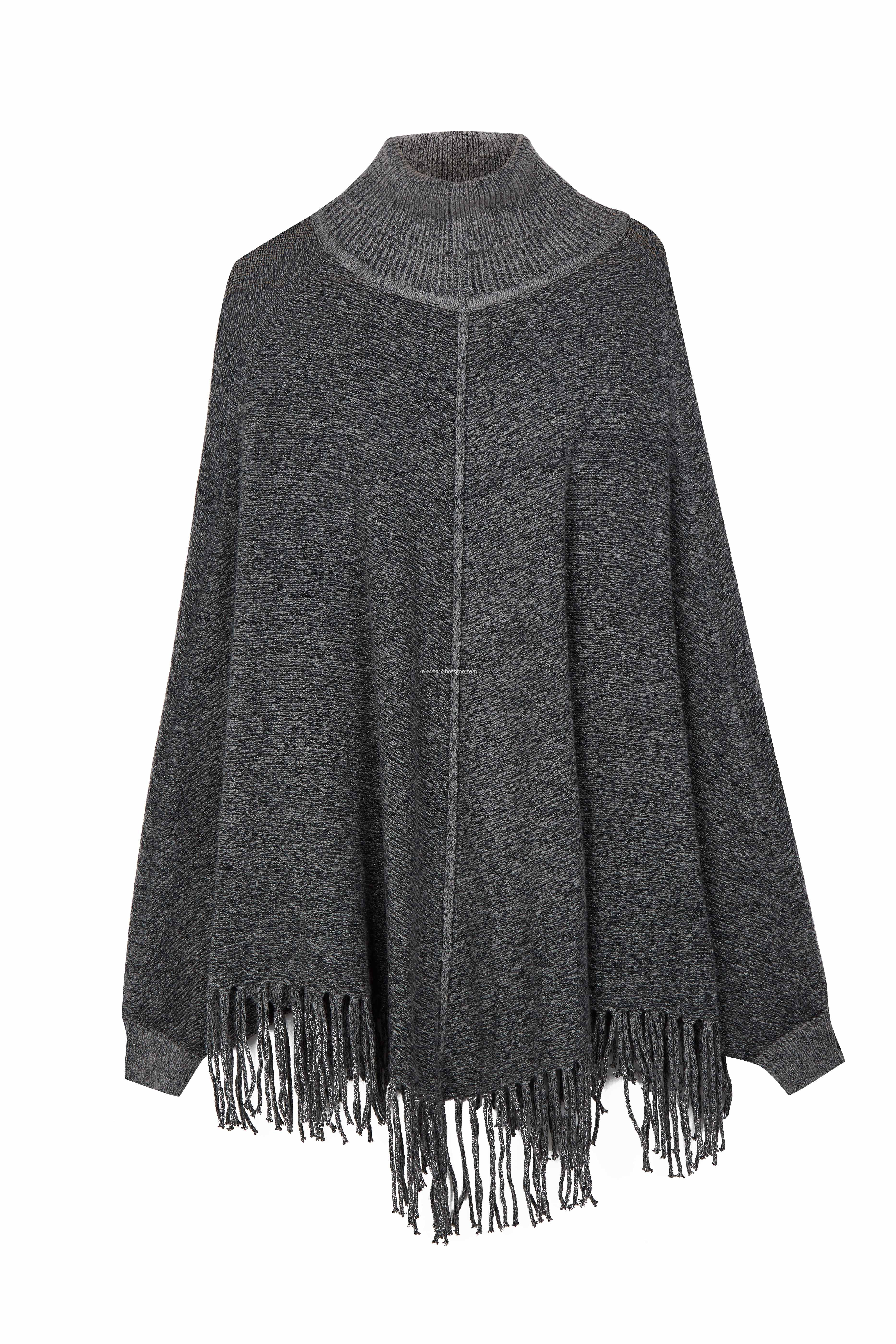 Women's Knitted Stretchable Turtleneck Tassels Poncho Caps