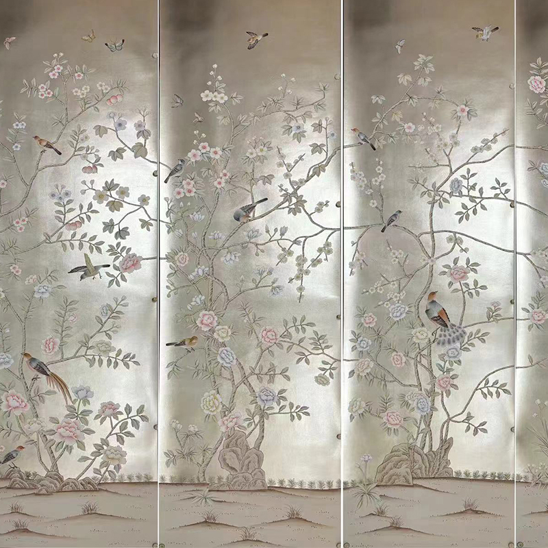 Flower and bird Silver-gray hand-painted wallpaper Flower and bird Silver-gray hand-painted wallpaper
