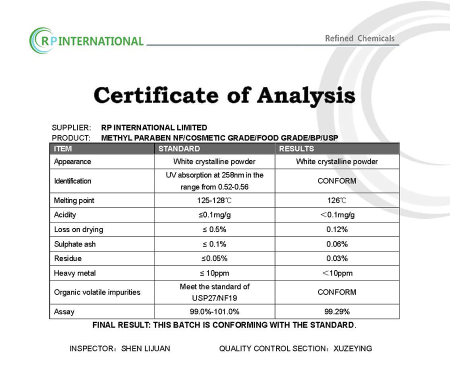 Specification Methyl Paraben