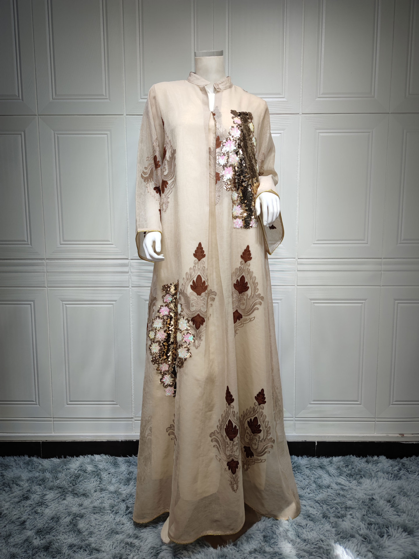 Luxury Floral Embroidered Sequin Mesh Abaya Dress Sequin Embroidered Mesh Eid Party Abaya Dress