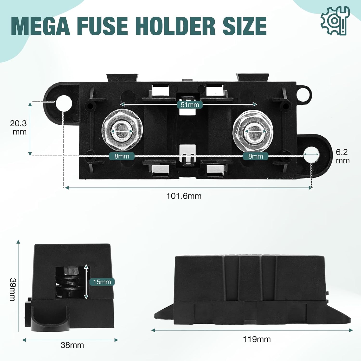 AD185 MEGA fuse holder dimensions and M8 stud spacing AD185 MEGA fuse holder dimensions and M8 stud spacing