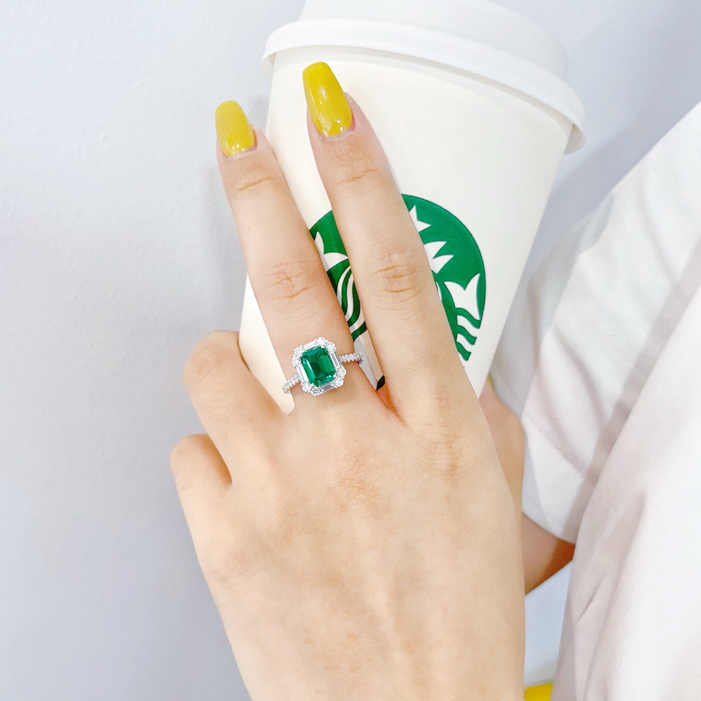 18K White Gold Lab-Grown Emerald Halo Engagement Ring Worn on Hand