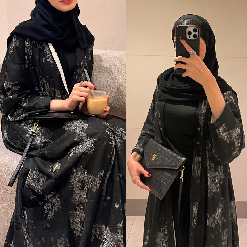 Black Floral Lace Open Abaya Detail Black Floral Lace Open Abaya Detail