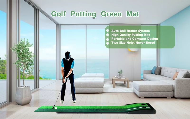 Custom Logo Plastic Golf Putting Green Mat with Auto Ball Return System 2 Holes Golf Practice Trainer Custom Logo Plastic Golf Putting Green Mat with Auto Ball Return System 2 Holes Golf Practice Trainer