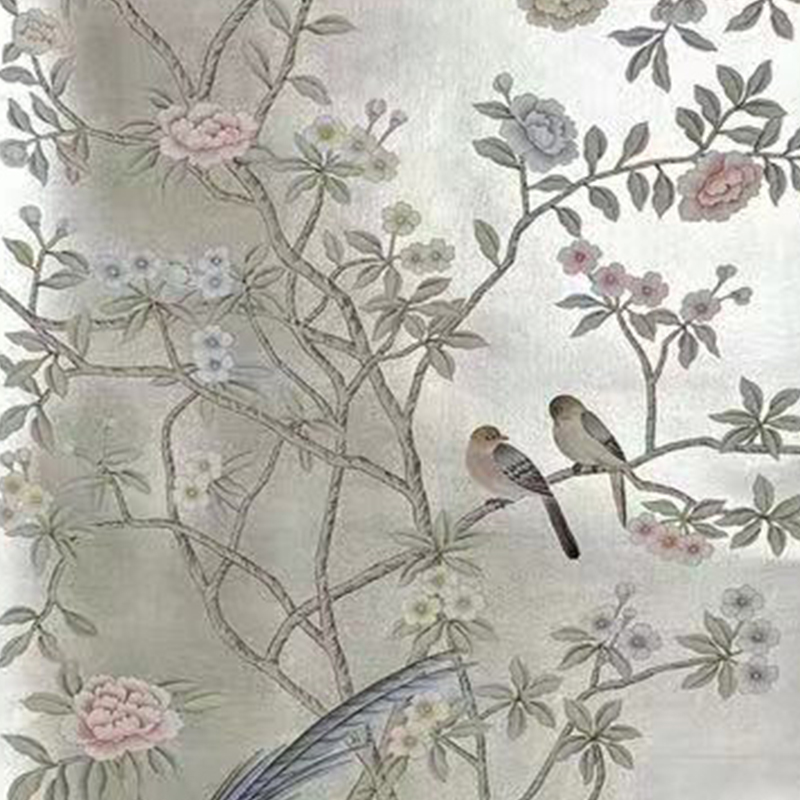 Flower and bird Silver-gray hand-painted wallpaper Flower and bird Silver-gray hand-painted wallpaper