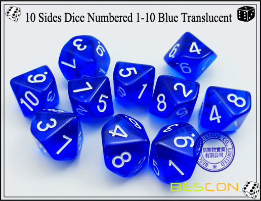 10 боковых кубиков, пронумерованных 1-10 синих полупрозрачных-2 10 Sides Dice Numbered 1-10 Blue Translucent-2