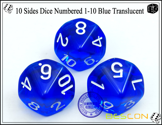 10 боковых кубиков, пронумерованных 1-10 синих полупрозрачных-1 10 Sides Dice Numbered 1-10 Blue Translucent-1