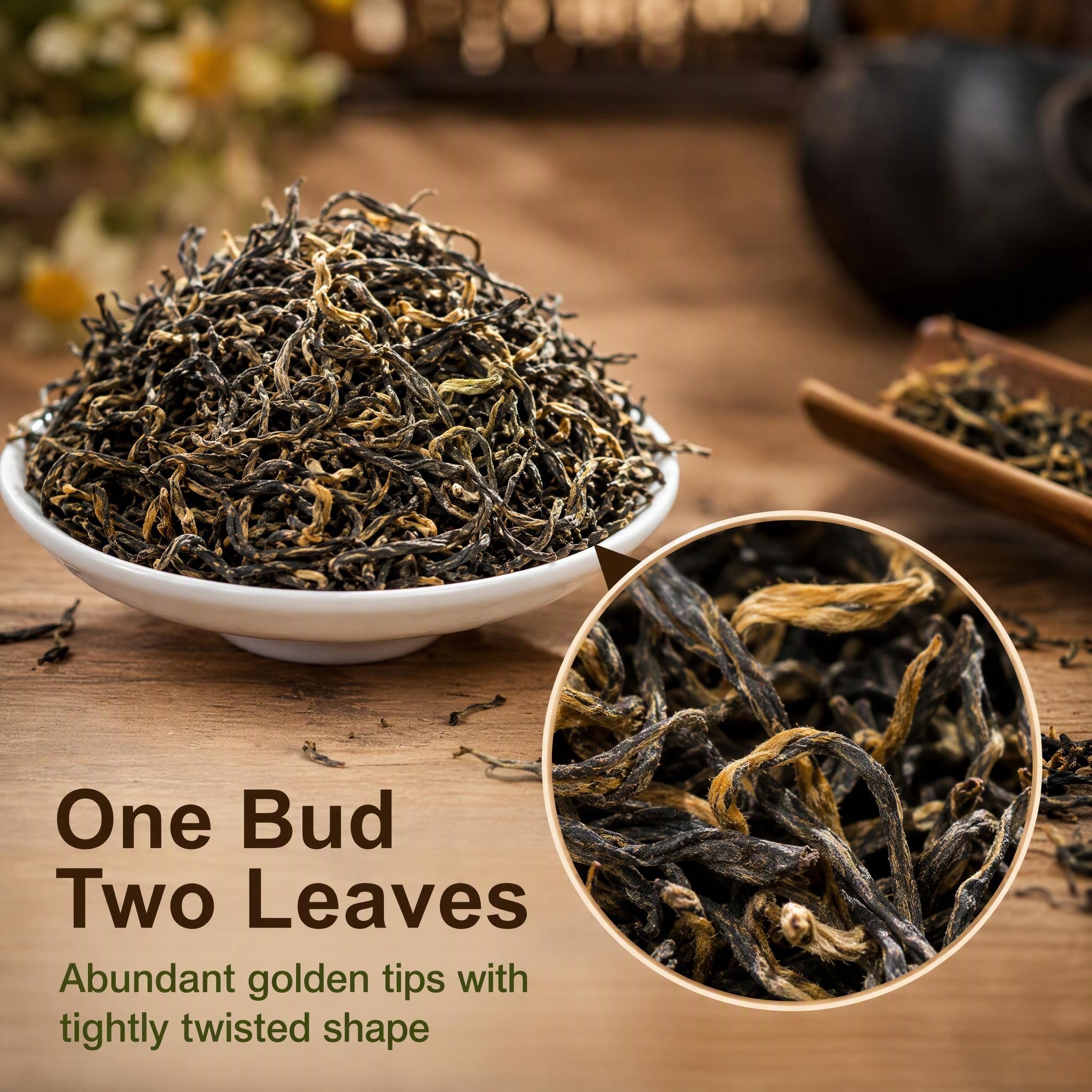 Premium Organic Kung Fu Black Tea Raw Leaf Close-up One Bud Two Leaves Premium Organic Kung Fu Black Tea Raw Leaf Close-up One Bud Two Leaves