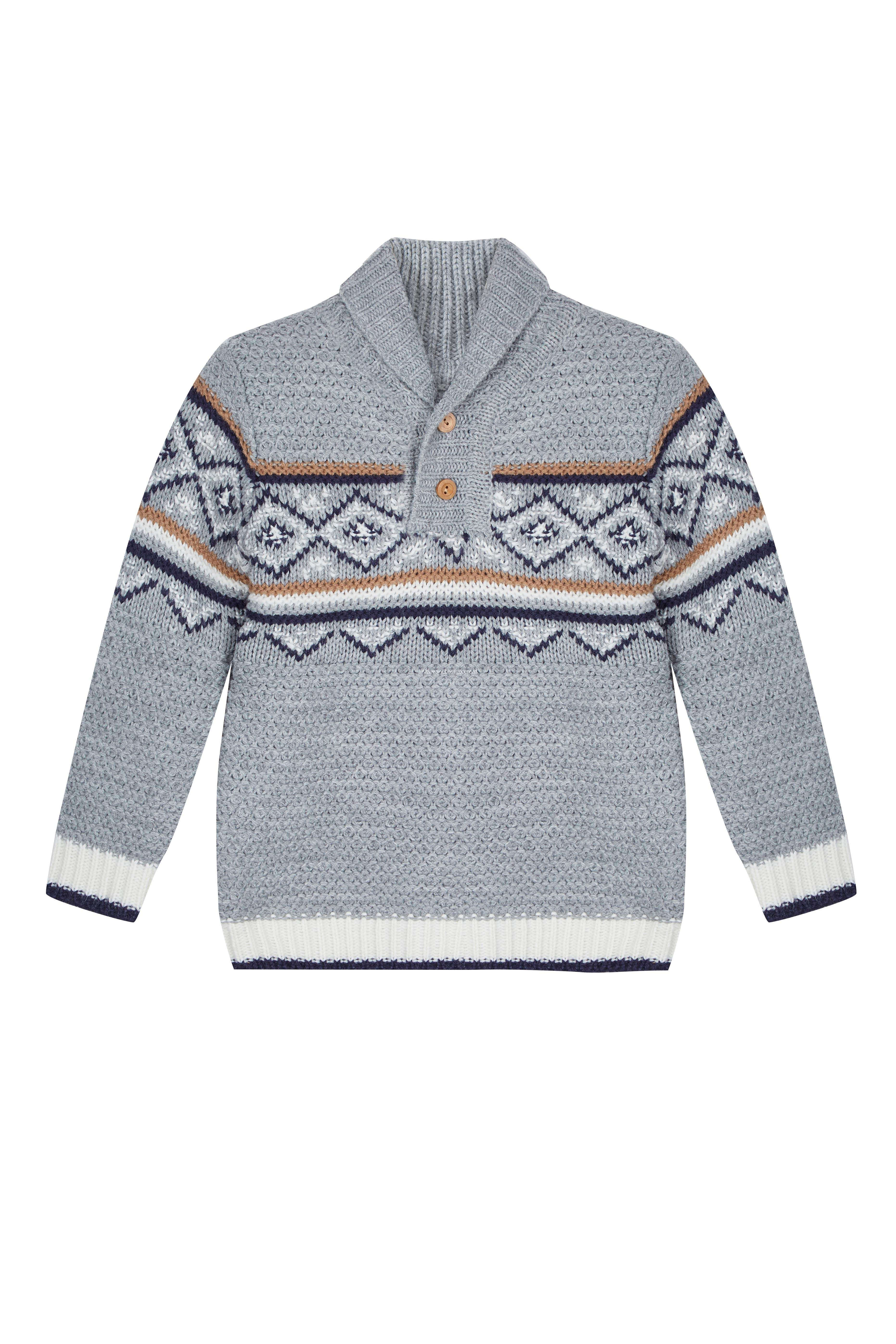 Boy's Knitted Diamond Jacquard Shawl Neck Pullover