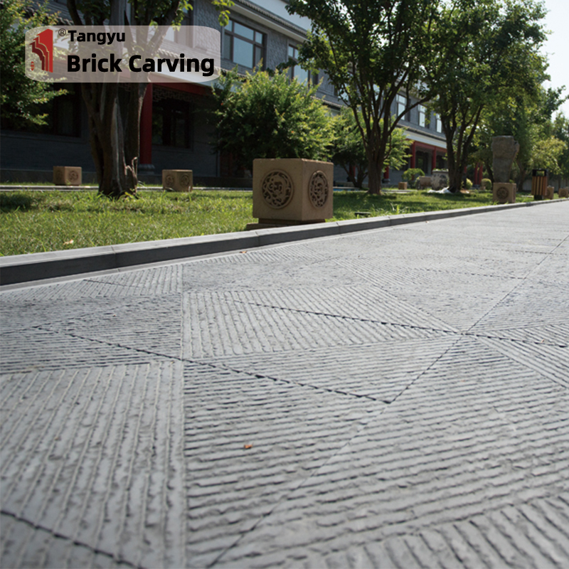 Stone floor tiles with engraved diagonal stripes Stone floor tiles with engraved diagonal stripes