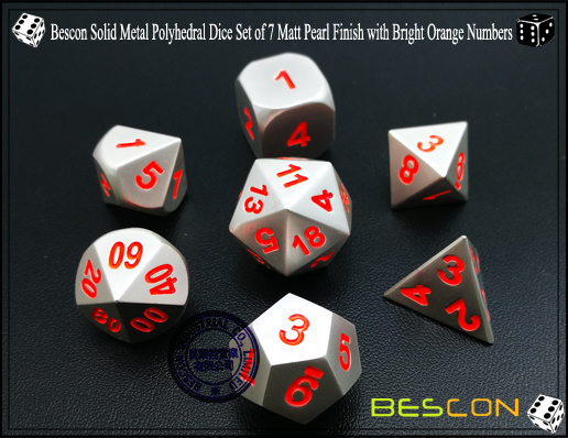 Bescon Solid Metall Polyhedral Würfel Set von 7 Matt Pearl Finish mit Bright Orange Numbers-1 Bescon Solid Metal Polyhedral Dice Set of 7 Matt Pearl Finish with Bright Orange Numbers-1