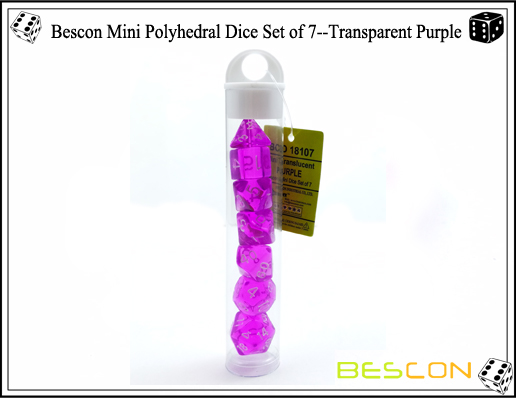 Juego de dados Bescon Mini Polyhedral de 7 - Transparente Purple-7 Bescon Mini Polyhedral Dice Set of 7--Transparent Purple-7