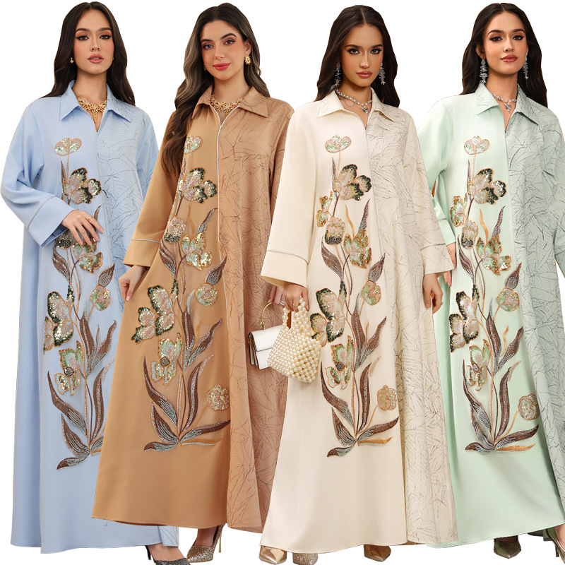 Jacquard Sequin Embroidered Applique Abaya Dress Detail Jacquard Sequin Embroidered Applique Abaya Dress Detail