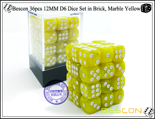 Dados Bescon 36pcs 12MM D6 en ladrillo, mármol amarillo-1 Bescon 36pcs 12MM D6 Dice Set in Brick, Marble Yellow-1
