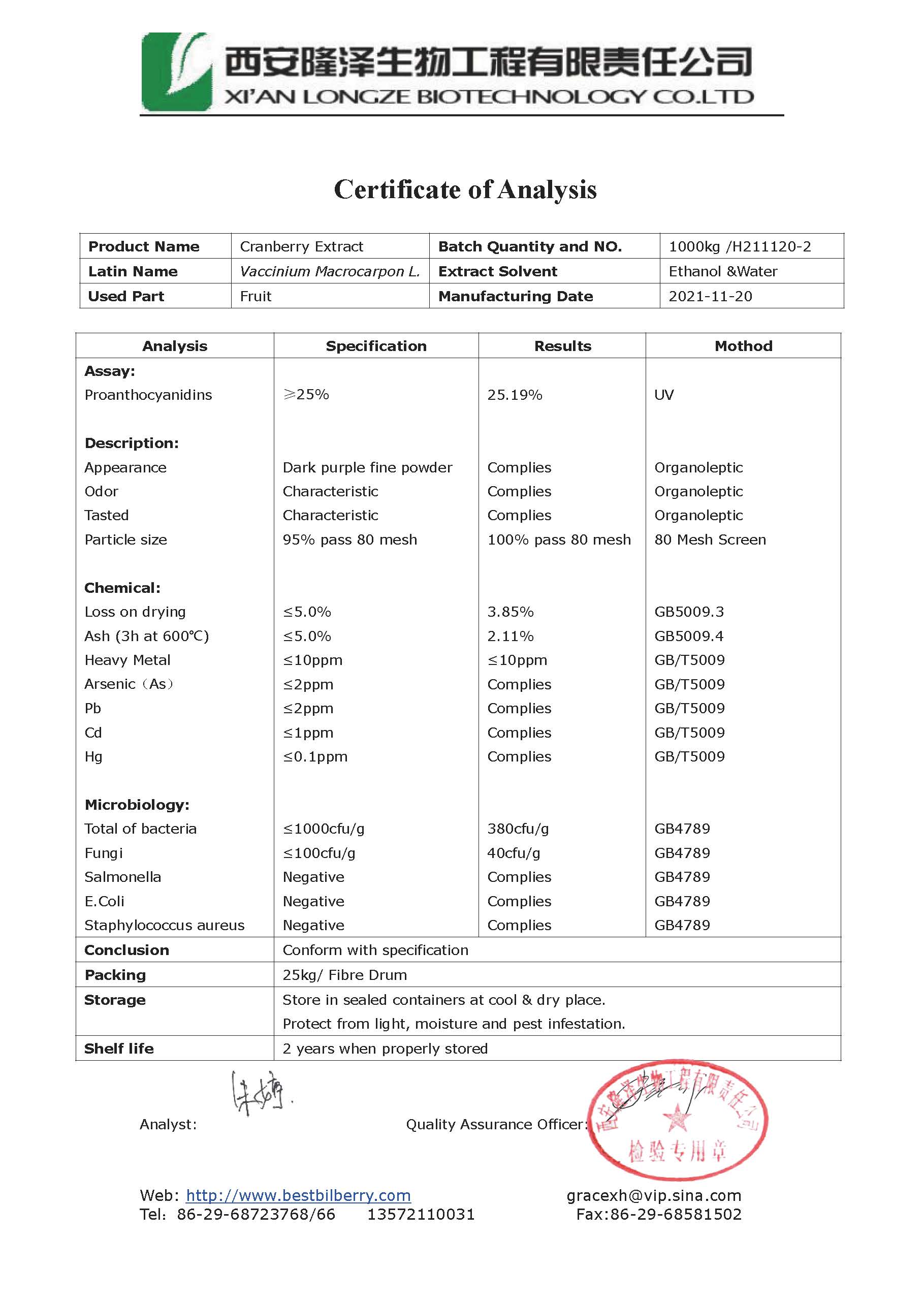 COA-Cranberry Extract(PAC 25%)uv COA-Cranberry Extract(PAC 25%)uv