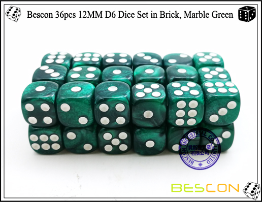 Juego de dados Bescon 36pcs 12MM D6 en ladrillo, Marble Green-3 Bescon 36pcs 12MM D6 Dice Set in Brick, Marble Green-3