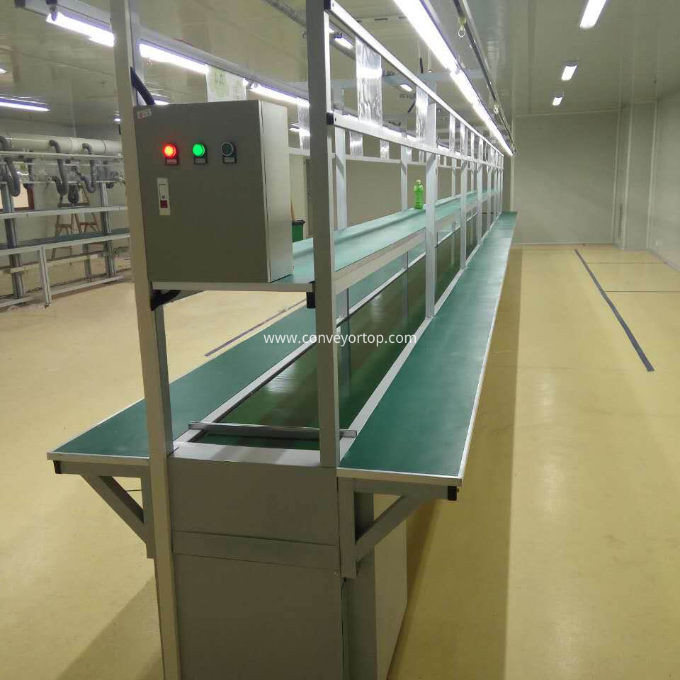 Belt conveyor with long bench worktable